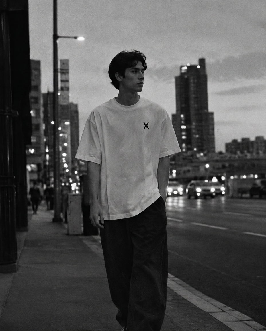 Model in white tee walking a city street